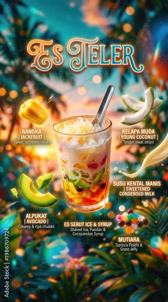 Fototapeta premium Delicious Indonesian Dessert Es Teler with Fresh Fruits and Syrup.