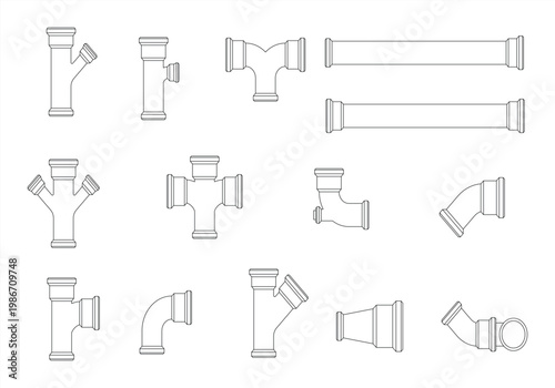 PVC Shower Pipes Plumbing Components Clean CAD Style Vector Illustration Isolated on White Background EPS 10