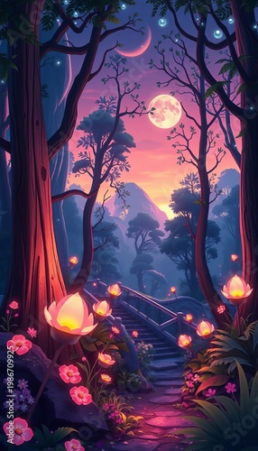 Enchanted cartoon forest at twilight, with glowing flora, sparkling dew, and a mystical atmosphere,  dark,  woodland