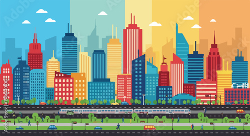 A colorful cityscape with a busy road and tall buildings