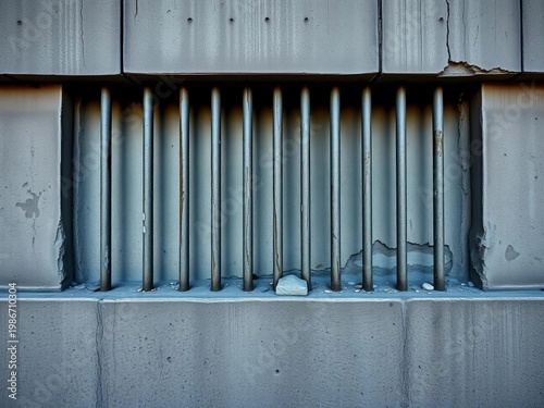 Gritty cell bars against a stark concrete wall, oppressive atmosphere,  incarceration,  grim