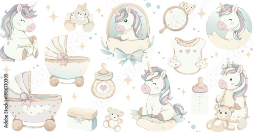 A collection of adorable baby animals and nursery items in a whimsical illustration