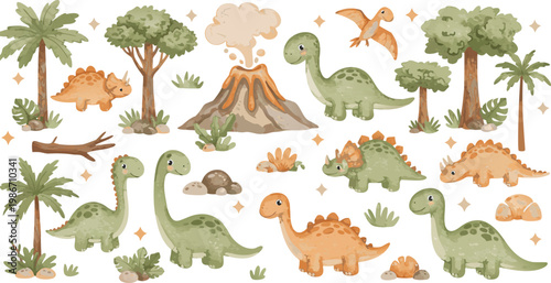 Dinosaur illustrations in a prehistoric landscape with volcanoes and trees