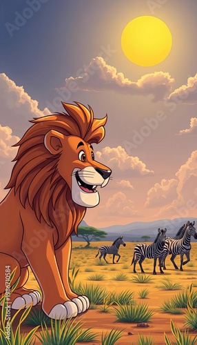 Majestic cartoon lion in savanna, zebras in distance under sun and clouds,  nature,  herd