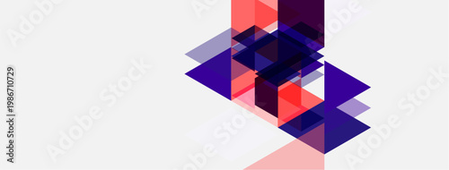 Abstract geometric composition. Overlapping triangles create dynamic visual effect. Purple, pink hues dominate white background. Modern design.