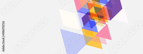 Abstract geometric shapes overlap, creating vibrant color blocks. Light background enhances visual complexity, modern design.