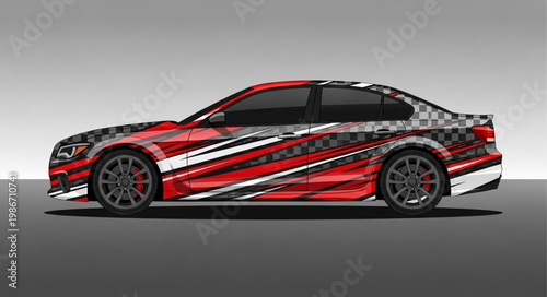 Modern sports car with dynamic racing graphics wrap.