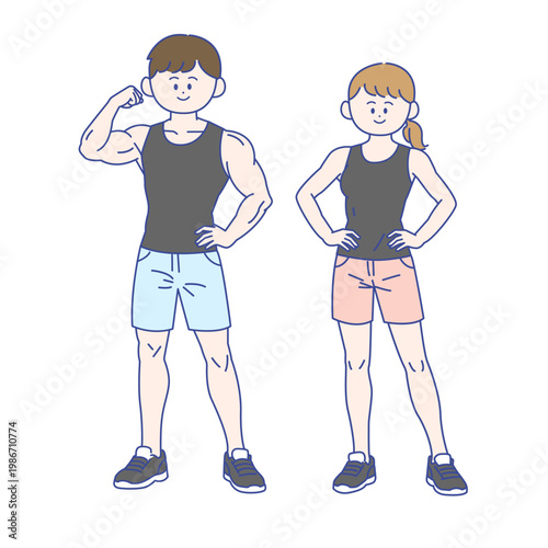 男女のジムトレーナー全身イラスト