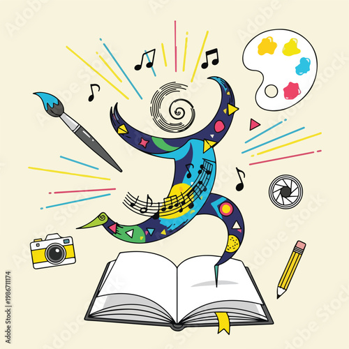 A colorful figure emerges from an open book surrounded by art supplies