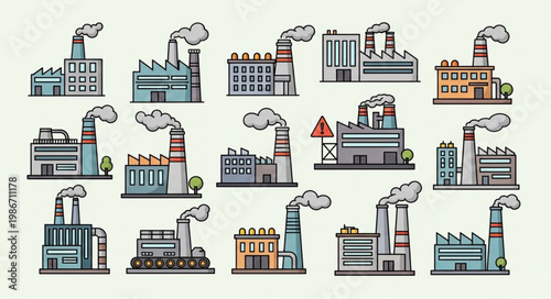 Collection of diverse industrial factory buildings with smoke stacks.