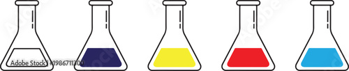 Set of conical flasks with colorful liquids, including empty, dark blue, yellow, red, and light blue.