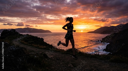 A female runner at sunset, silhouette effect, inspirational fitness concept.