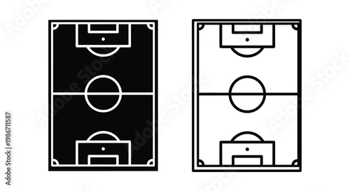 Two aerial views of a soccer field one black and one white are shown