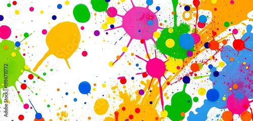 Vibrant multicolored paint splatters on white background, paint splash, dynamic