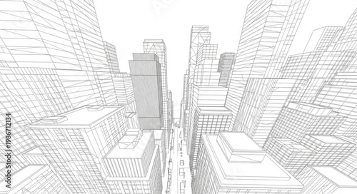 Abstract city skyline sketch with architectural lines and perspective.