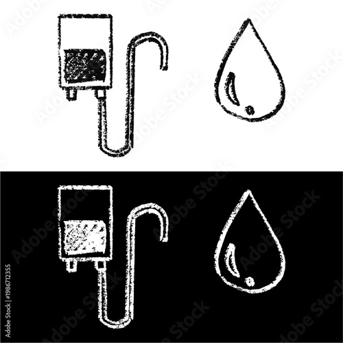 Set editable chalk drawing blood and blood bag vector for biology classes. Ideal for symbolizing vintage transfusion lessons, chalkboard health, and life.