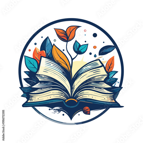 Literary Oasis: An open book, the pages a testament to stories, interwoven with vibrant leaves, forming a symbol of growth and the flourishing of knowledge within the realm of reading. 