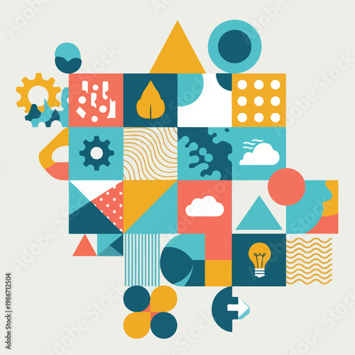 A colorful geometric collage with various shapes