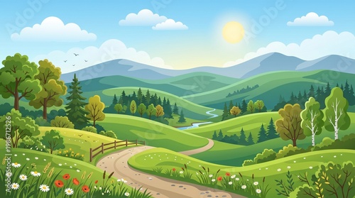 Sunny rolling hills landscape with winding paths and trees blue sky landscape