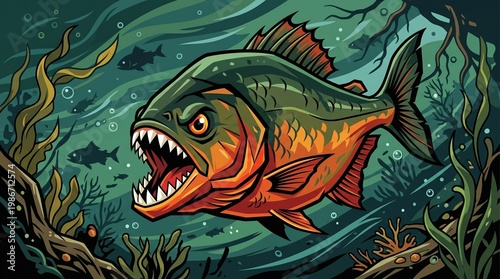 Aggressive piranha fish with sharp teeth underwater food chain deep water