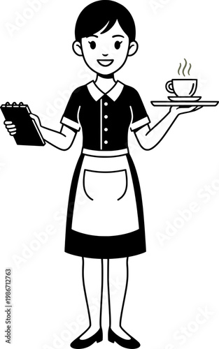Black and white illustration of a smiling waitress holding a tray with a hot cup of coffee and a notepad, representing hospitality, cafe service, and restaurant staff.