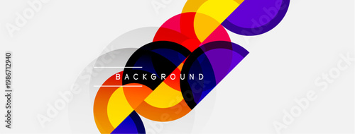 Abstract colorful circles overlap, creating dynamic visual effect. White background enhances vibrant hues, modern design element.