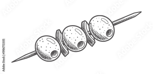 Hand drawn olive skewer with pitted olives and cheese cubes food appetizer snack