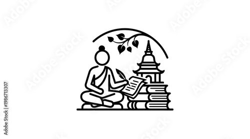 Buddhist Monk Writing and Teaching Near a Stupa