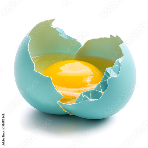 Cracked blue eggshell with yellow yolk isolated on transparent background