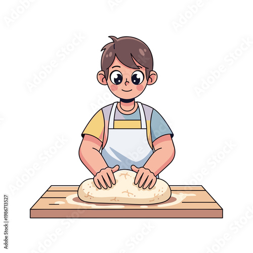 Teenager  kneading bread dough on wooden table in cheerful kitchen  