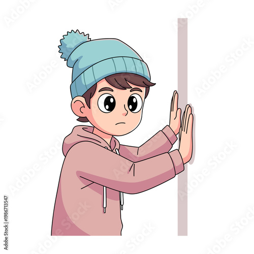 Teenager pressing hands against wall with concerned expression. Teenager pushing against wall 