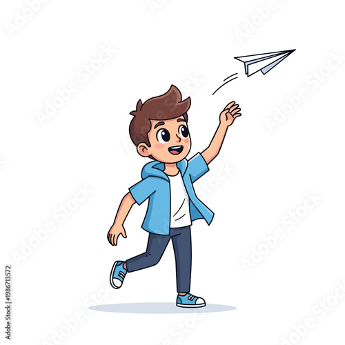 Teenager  throwing paper airplane in casual clothing  