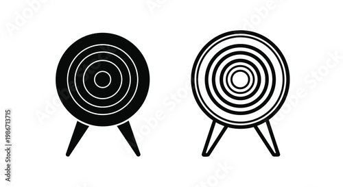 Two black and white illustrations depicting a classic target with a stand