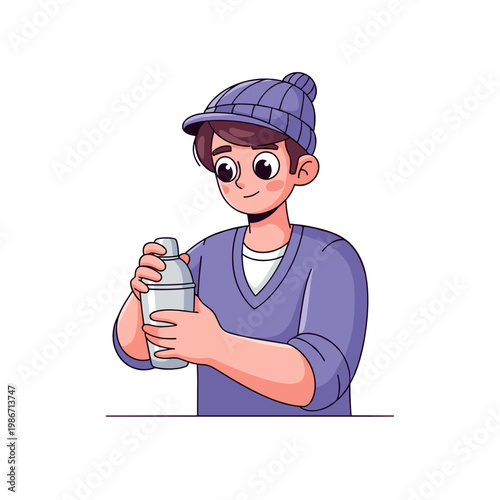 Young adult mixing cocktail in shaker 