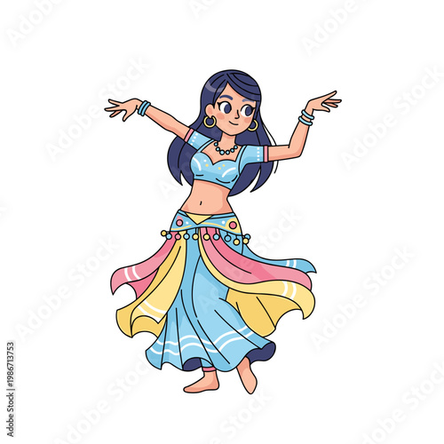 Young adult performing belly dance in colorful costume  