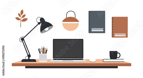 Minimalist vector illustration of a tidy workspace featuring a laptop, desk lamp, coffee cup, and stationery items on a wooden tabletop.