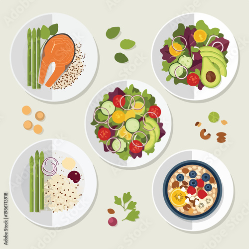 A colorful graphic of five plates with healthy food portions