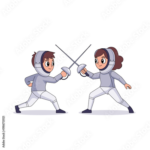 Cartoon children fencing with epees in a competitive stance. Teen fencing epee duel  