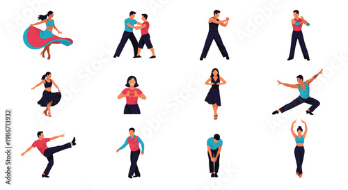 Diverse People Dancing and Performing Modern Dance Poses Vector Illustration, Professional Dancers Moving and Stretching on White Background