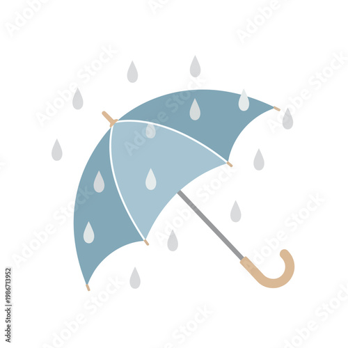 Raindrops fall on a blue umbrella on a rainy day outdoors