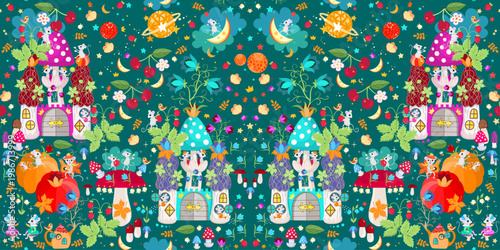 Fairytale mouse town. Cute seamless pattern with mice, castles from mushrooms, flowers, berries, teapot houses, birds, butterflies, planets and stars. Vector design for kids.