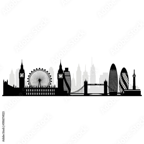 London city skyline with famous landmarks and ferris wheel silhouette