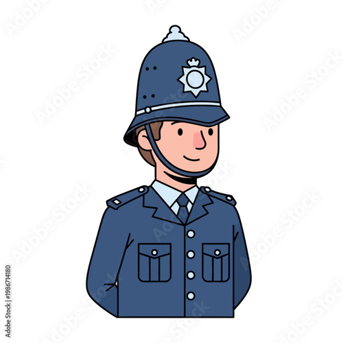 Cartoon police officer wearing blue uniform and helmet with badge