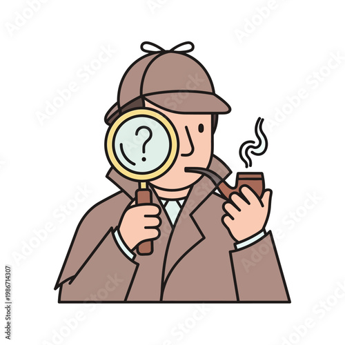 Cartoon detective in brown coat and hat examining clues with magnifying glass and smoking pipe