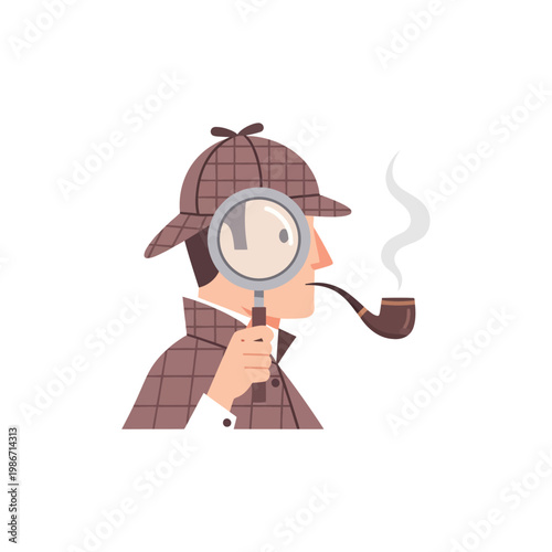 Cartoon detective character examines clues with magnifying glass and pipe