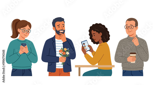 Four diverse people experiencing different social interactions and emotions, including dating, technology use, and thoughtful moments.