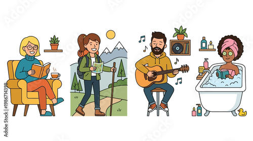 Four diverse individuals enjoying different relaxing hobbies and leisure activities, including reading, hiking, playing guitar, and taking a bubble bath.