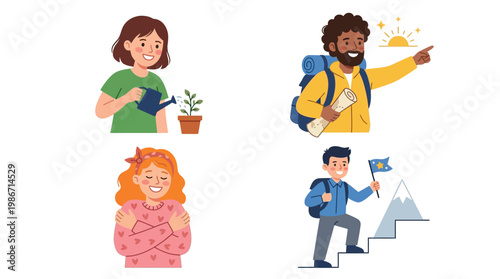 Four illustrations depicting personal growth, self-care, adventure, and achievement, showing people engaged in positive and fulfilling activities.