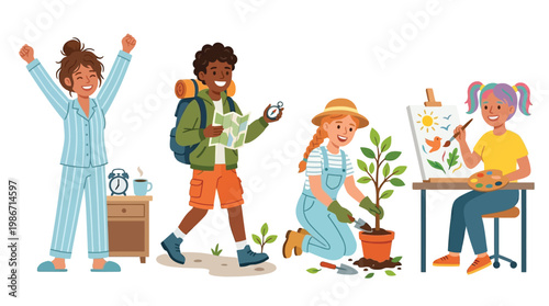 Four diverse children engaged in various daily activities and hobbies, including waking up, hiking, gardening, and painting, illustrating a range of childhood interests.