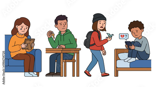 Four young people experiencing emotional distress and sadness while interacting with their digital devices, illustrating the negative impact of technology and social media on mental well-being.